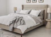 envello white cotton Premium Percale duvet set and blanket throw on modern bed with two sidetables and bedside lamps