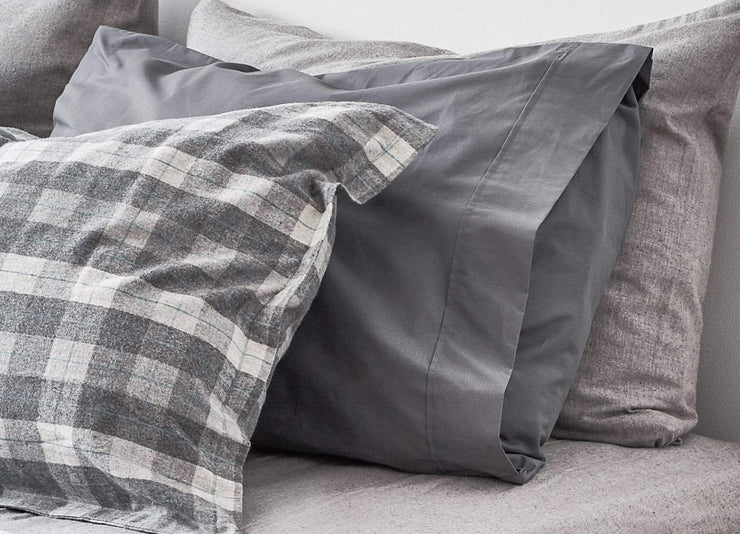 envello dark grey cotton Premium Percale pillowcase with contrasting Cozy Flannel duvet sham on bed