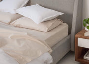 envello bone coloured cotton Premium Percale sheet set with white Premium Percale duvet shams